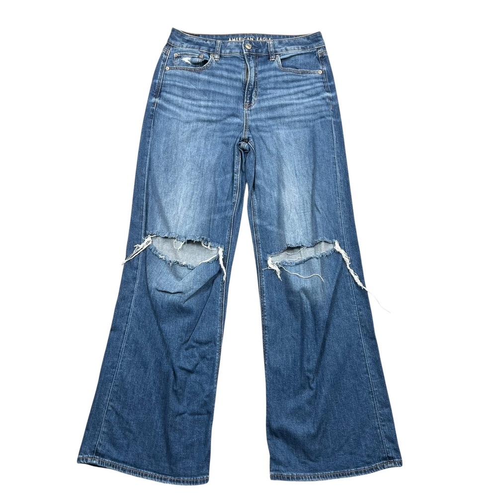 American Eagle Wide Leg Jeans Womens 6 Blue Distressed Ripped High Rise Stretch